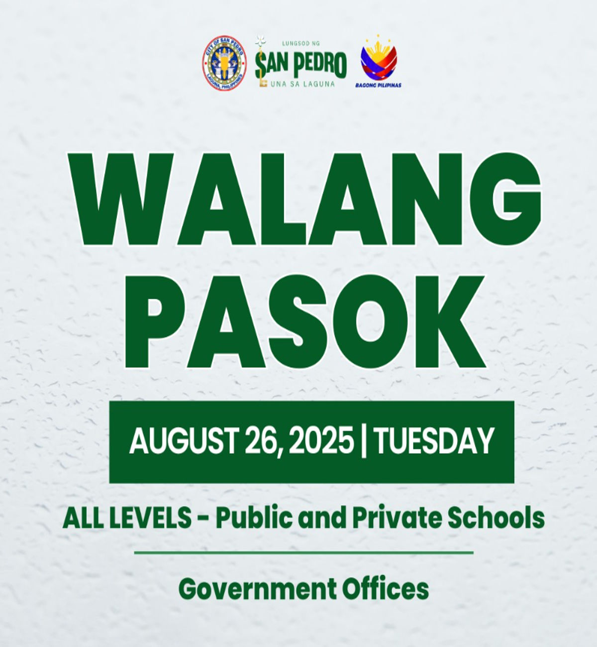 Walang Pasok: Suspendido ang klase sa San Pedro City bukas, Agosto 26, 2025 (Martes)